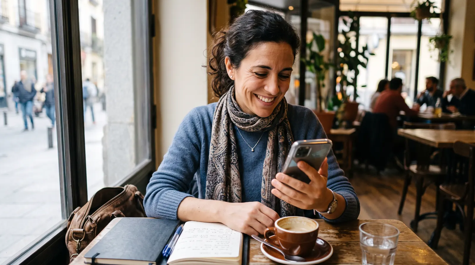 Mujer sonriendo mientras consulta su móvil en una cafetería